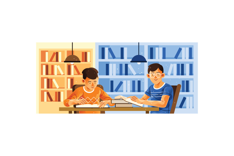 two-students-learn-in-the-library-illustration