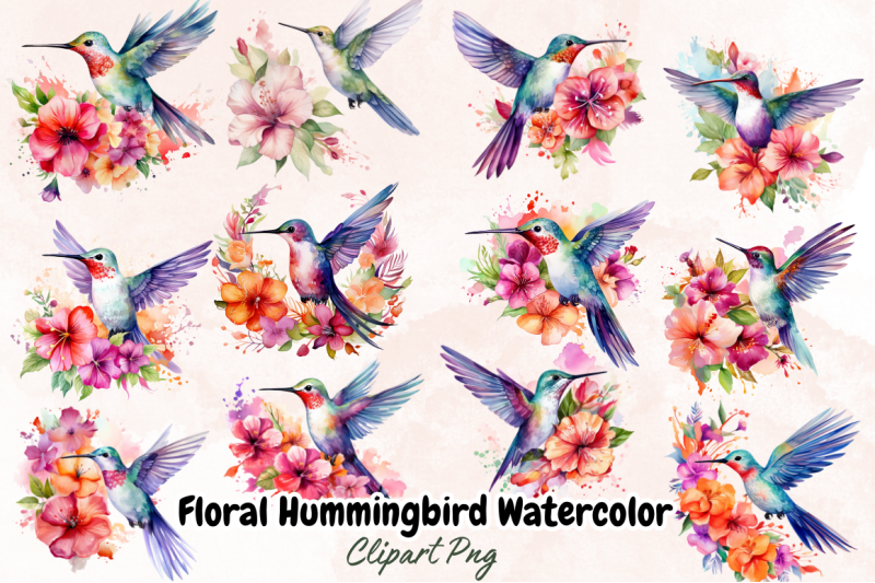 floral-hummingbird-watercolor-clipart