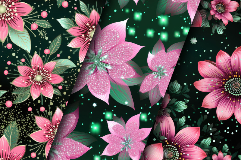 pink-amp-green-glittery-flowers-pattern-digital-papers