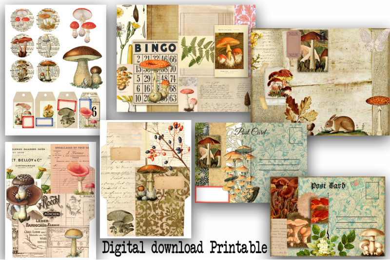 vintage-mushroom-junk-journal-ephemera-pack-printable-collage-sheet