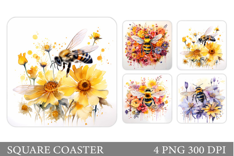 bee-flowers-square-coaster-bee-watercolor-square-coaster