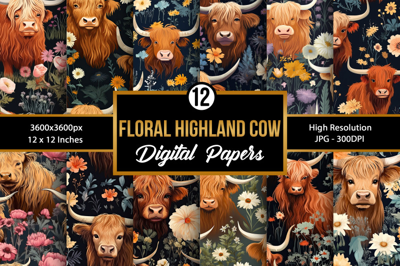 floral-highland-cow-seamless-pattern-digital-papers