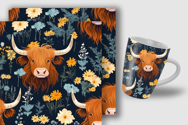 floral-highland-cow-seamless-pattern-digital-papers