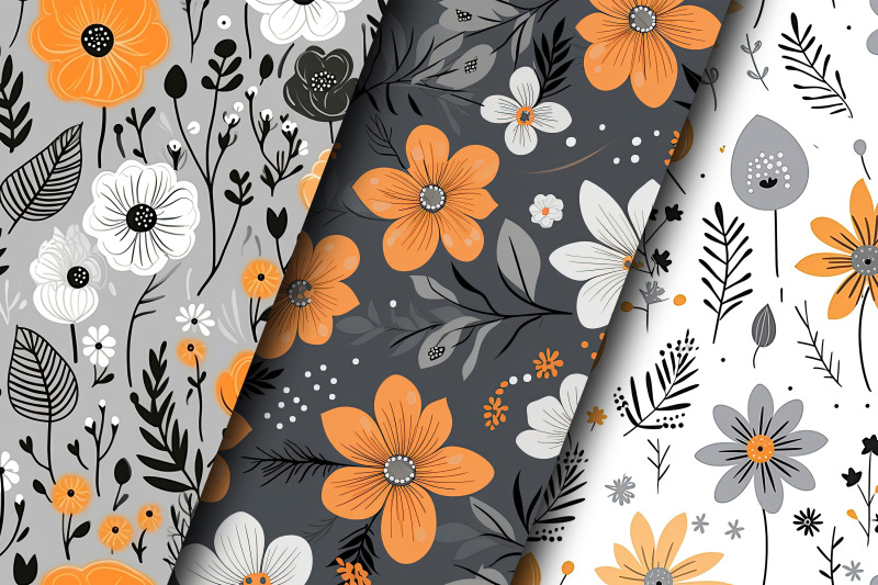 orange-amp-grey-cute-flowers-seamless-patterns