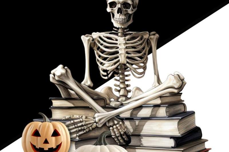 skeleton-with-book-halloween-pumpkin-design