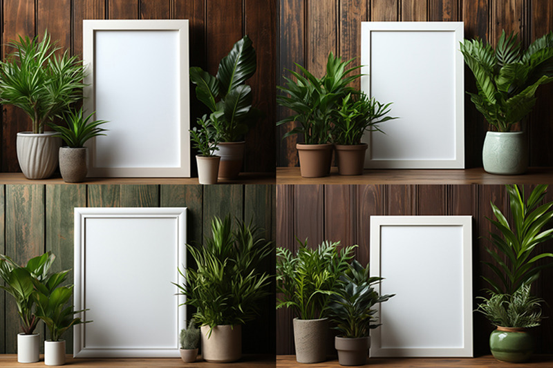 picture-frame-mockup-on-wooden-desk-with-green-plants-in-pots