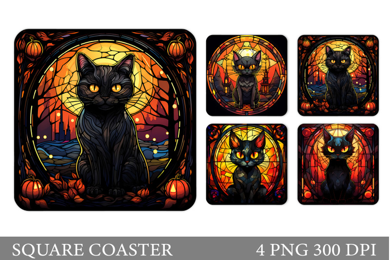 black-cat-square-coaster-stained-glass-cat-coaster-design