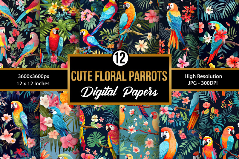 cute-tropical-floral-parrots-digital-papers