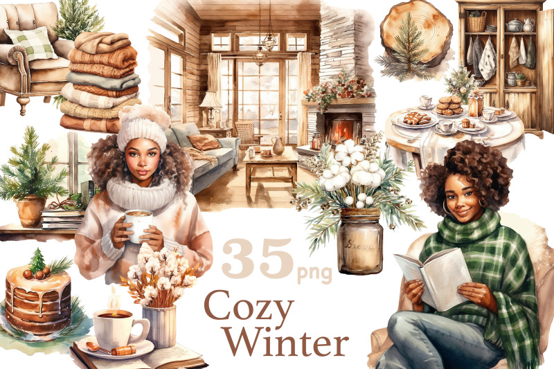 cozy-winter-clipart-reading-black-girl-clipart