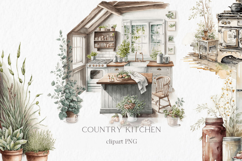 country-kitchen-watercolor-clipart-png