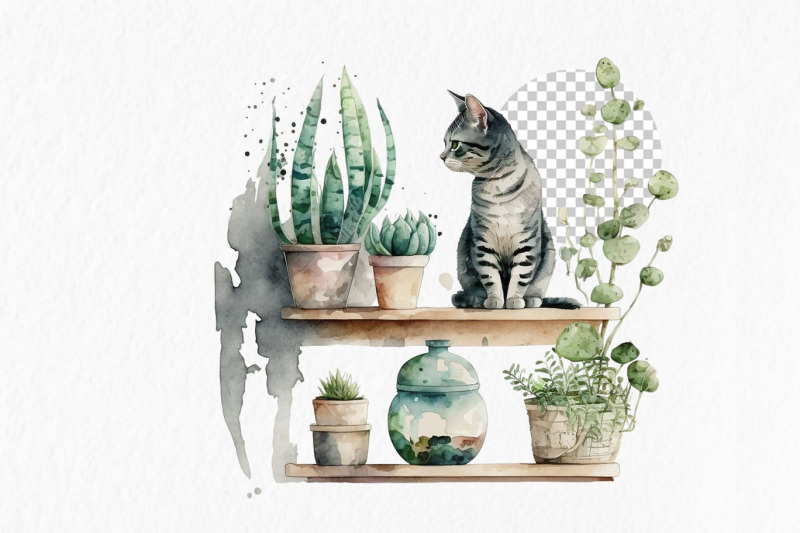 cats-and-house-plants-watercolor-clipart-png