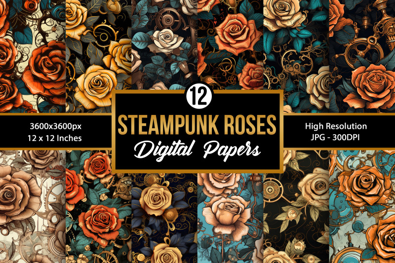 steampunk-roses-flower-digital-paper-patterns