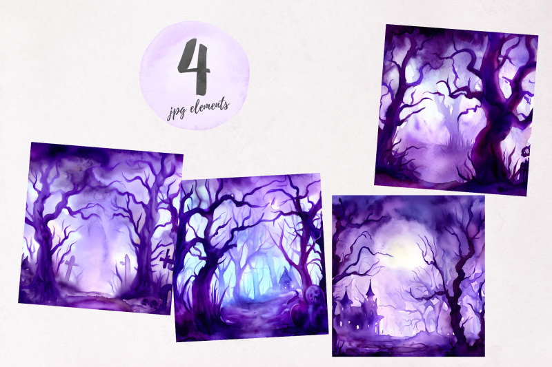 purple-halloween-set-watercolor-sublimation-designs