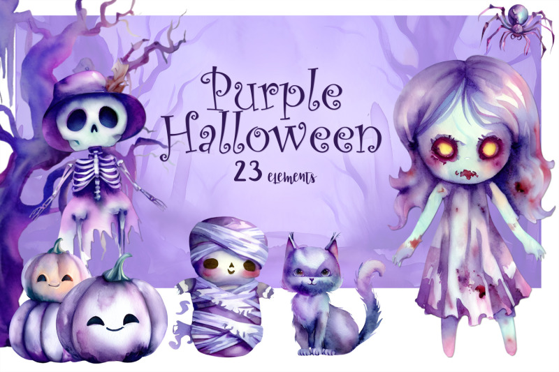 purple-halloween-set-watercolor-sublimation-designs