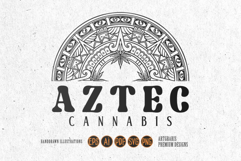 ornamental-aztec-half-mandala-cannabis-leaf-illustrations-monochrome