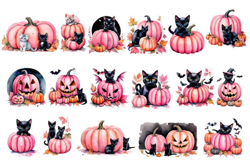halloween-cats-and-pink-pumpkins-png