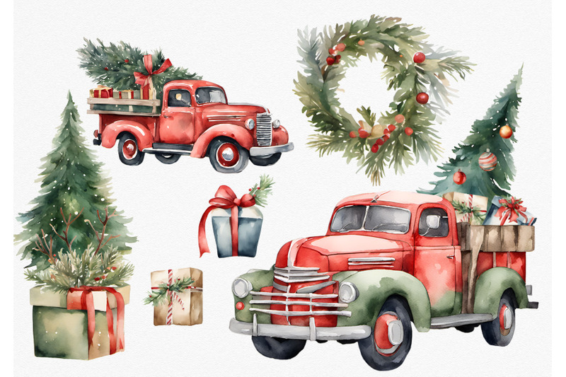 watercolor-retro-christmas-trucks-gifts-trees-and-balls-clipart-png