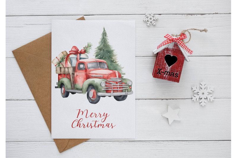 watercolor-retro-christmas-trucks-gifts-trees-and-balls-clipart-png