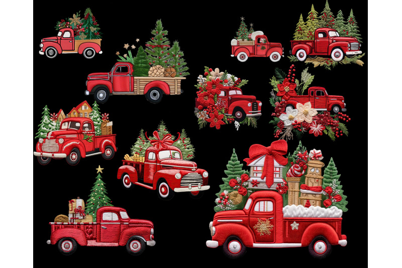 red-christmas-trucks-clipart-imitation-embroidery