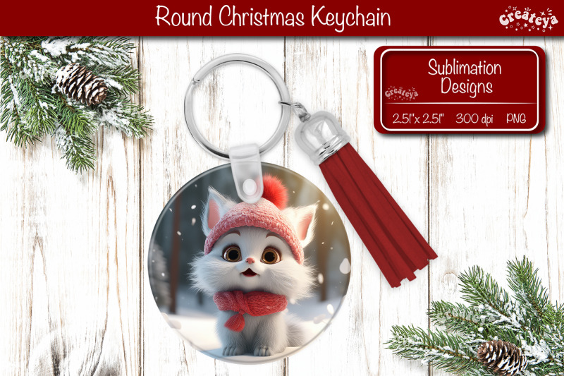 christmas-keychain-sublimation-round-christmas-baby-animals-prints-cat