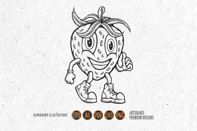 funny-whimsical-strawberry-fruit-character-illustrations-monochrome
