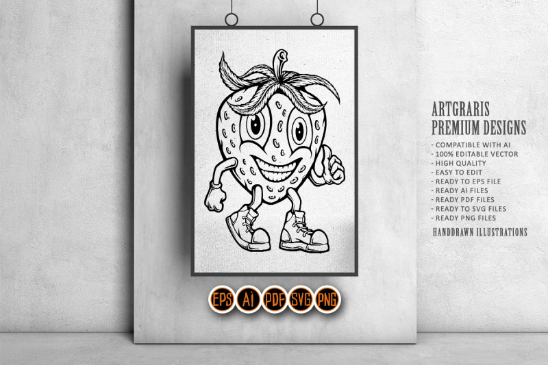 funny-whimsical-strawberry-fruit-character-illustrations-monochrome