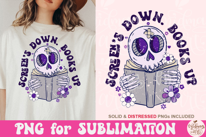 screens-down-books-up-png-book-lovers-sublimation-cute-trendy-skull