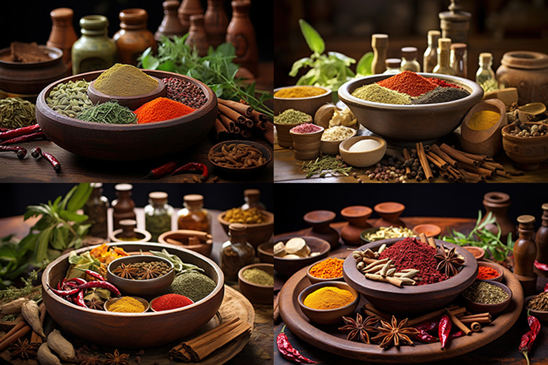 spices-and-herbs-in-wooden-bowl-adorn-table