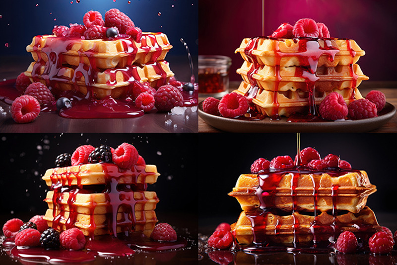 stacked-belgian-waffle-with-berry-syrup-drizzle