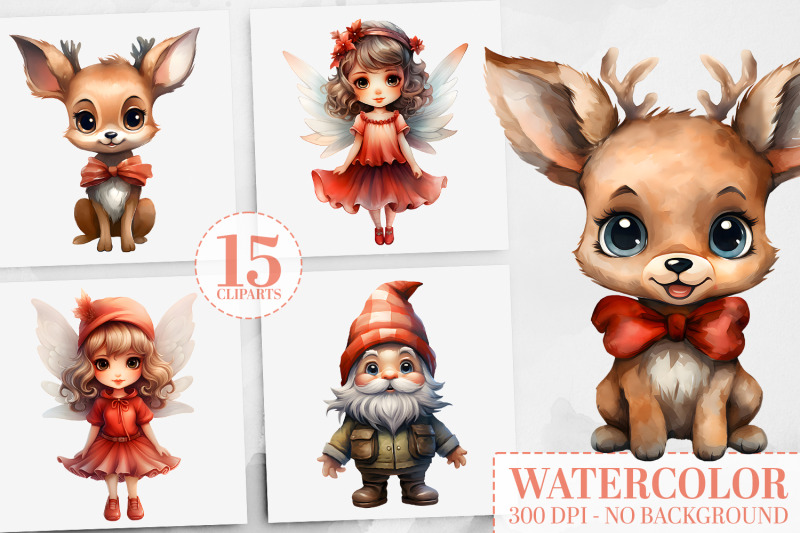 christmas-watercolor-clipart-reindeer-gnomes-fairies-png