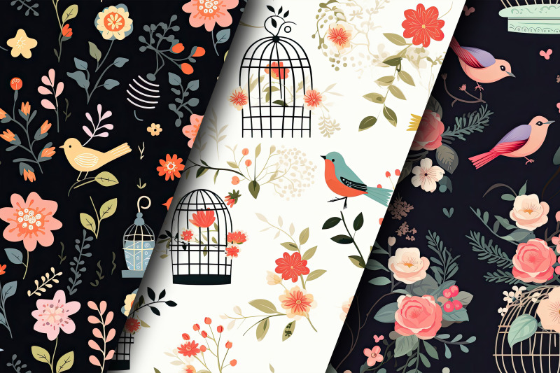 cute-floral-birdcage-seamless-pattern-digital-papers