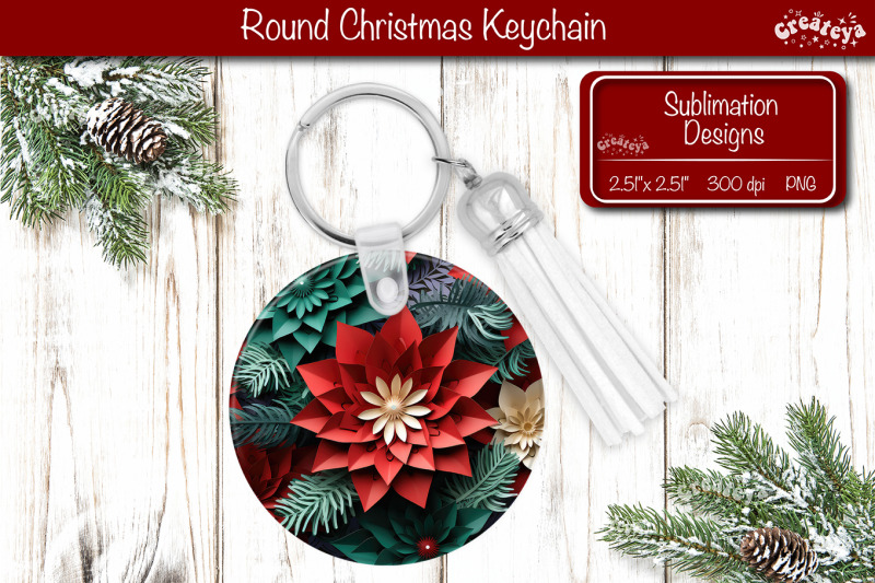 round-3d-christmas-keychain-sublimation-christmas-flowers-print-png-po