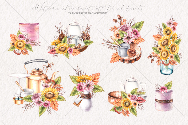 watercolor-autumn-bouquets-with-tea-and-desserts-png
