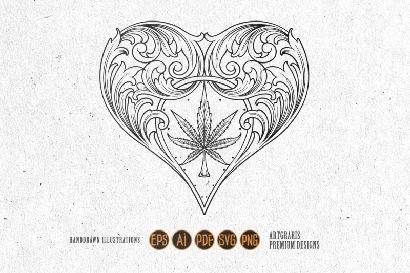 elegant-cannabis-leaf-heart-flourishes-ornament-illustrations-silhouet