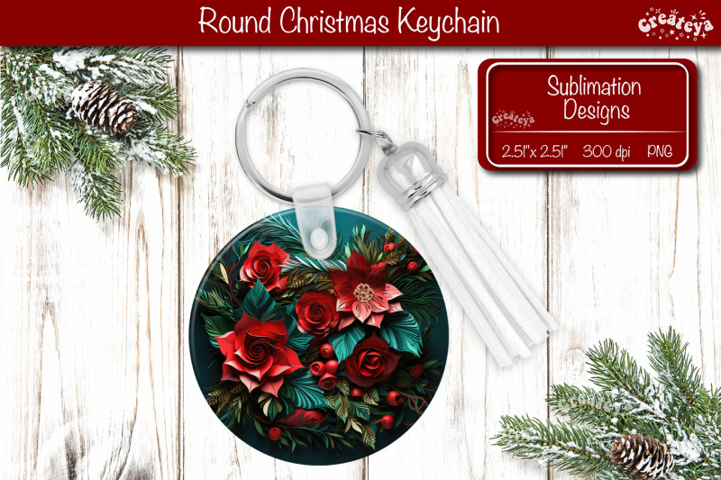 round-3d-christmas-keychain-sublimation-christmas-flowers-print-png-po