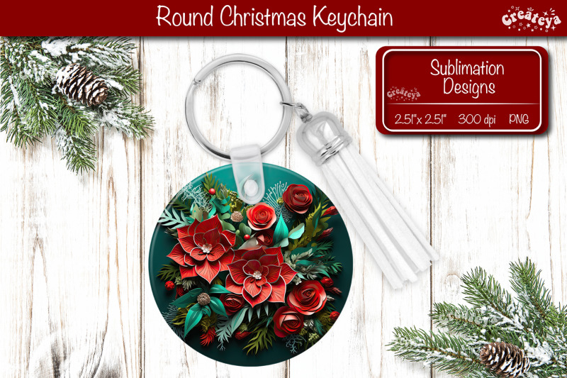 round-3d-christmas-keychain-sublimation-christmas-flowers-print-png-po