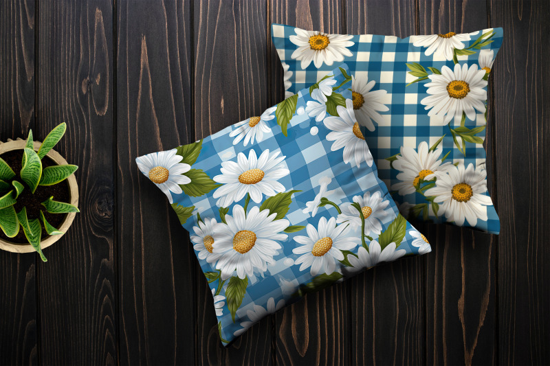 gingham-plaid-daisy-flowers-seamless-patterns