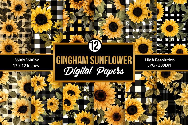 gingham-sunflowers-pattern-digital-papers