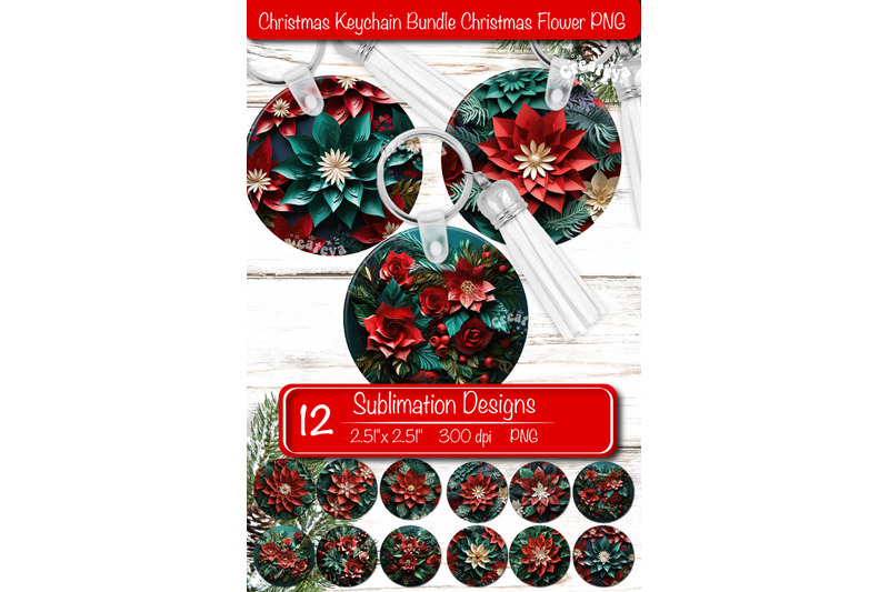 round-3d-christmas-keychain-bundle-sublimation-christmas-flowers-print