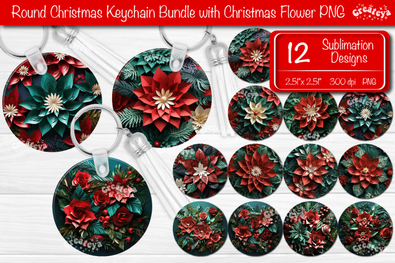 round-3d-christmas-keychain-bundle-sublimation-christmas-flowers-print