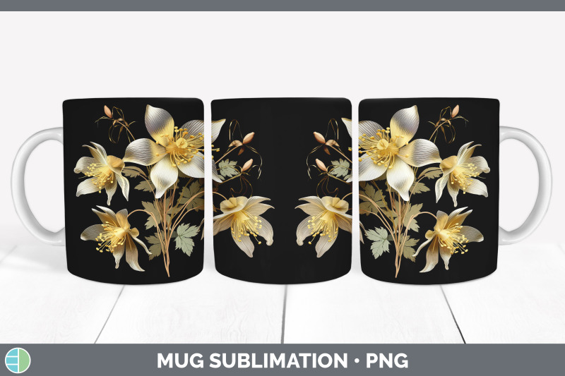 3d-black-and-gold-columbine-flowers-mug-wrap-sublimation-coffee-cup