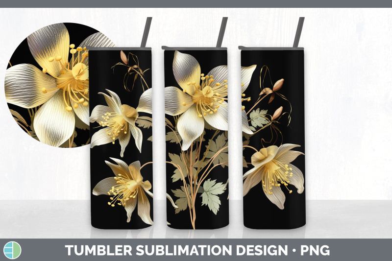 3d-black-and-gold-columbine-flowers-tumbler-sublimation-20-oz-skinny