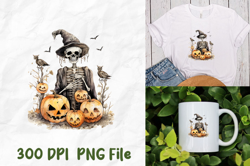 halloween-skull-wear-witch-hat-pumpkin