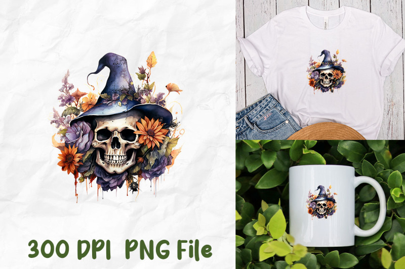 halloween-skull-wear-witch-hat-flowers