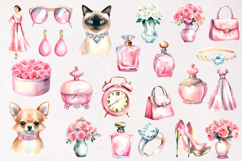 watercolor-pink-and-diamonds-clipart-png-bundle