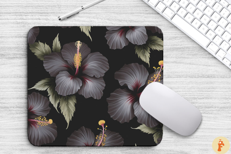 tropical-gray-hibiscus-flowers-mouse-pad