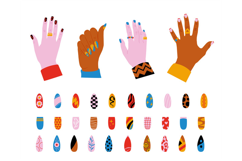 human-nails-set-fashion-manicure-icons-colorful-cartoon-style-shiny