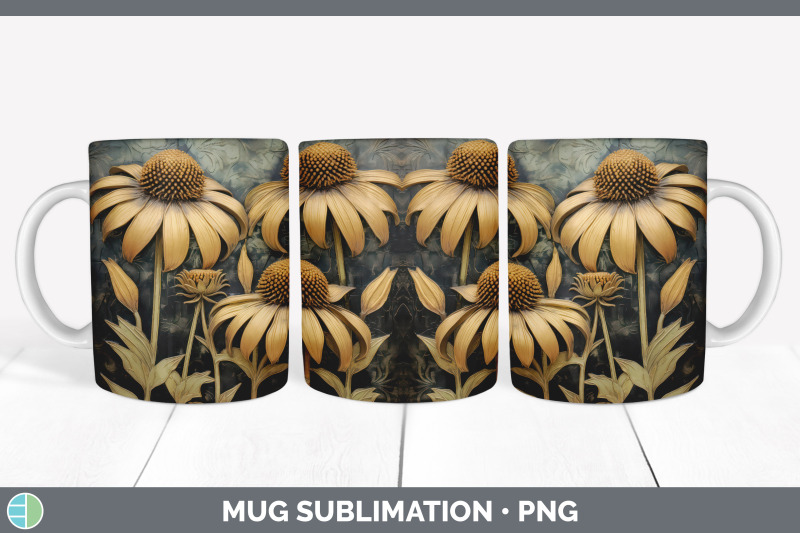 3d-black-and-gold-coneflower-flowers-mug-wrap-sublimation-coffee-cup
