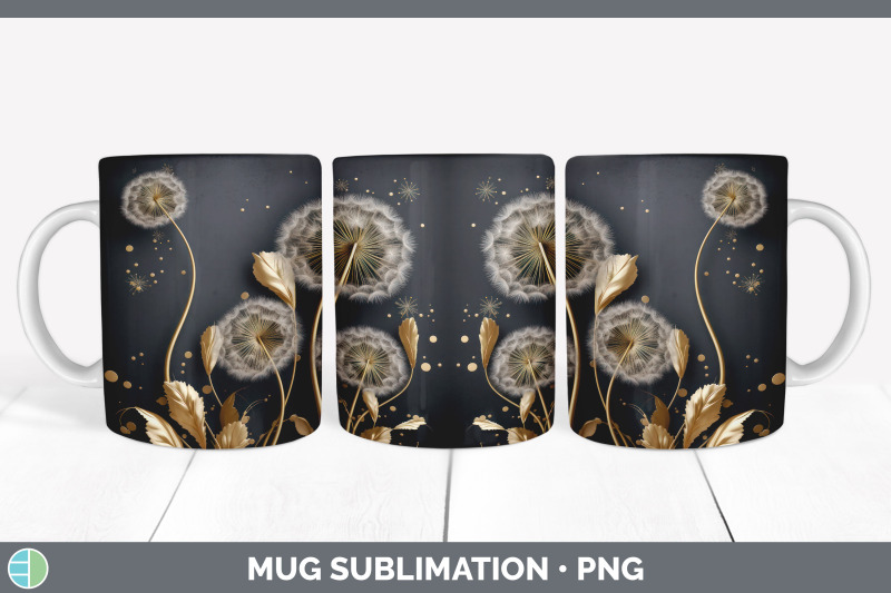 3d-black-and-gold-dandelion-flowers-mug-wrap-sublimation-coffee-cup