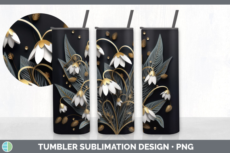 3d-black-and-gold-snowdrop-flowers-tumbler-sublimation-20-oz-skinny
